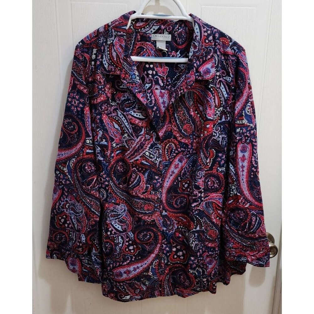 Catherines Women's Long Sleeve Button Up Collared Top Paisley Plus Size 2X 22/24